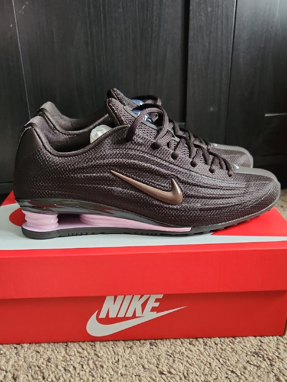 Nike Brown Knit Shpx Z Sneakers with Pink Cushion Accents